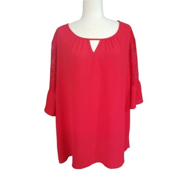EST 1946 Pullover Blouse Red Tie at Neck Cut Out Detail Sleeve Size 2X - Picture 1 of 7